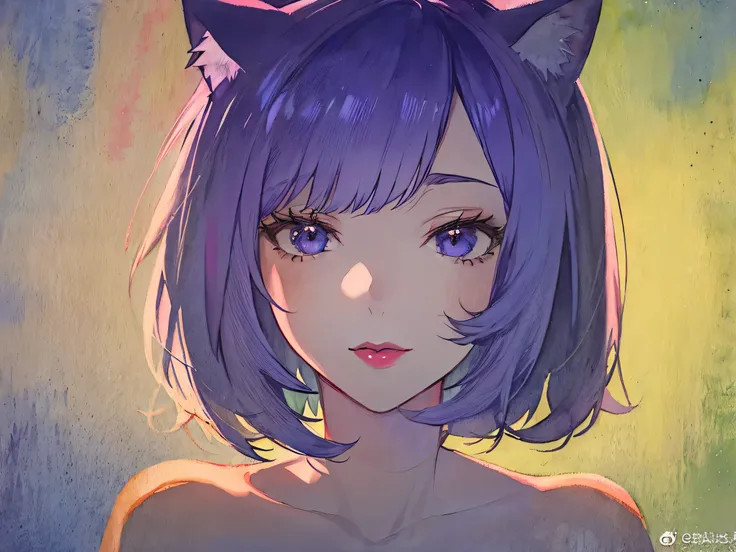 1girl, solo, bob cut, short hair, cat ears, portrait, closed mouth, looking at viewer, watercolor \(medium\), lips, hatching \(texture\), red lips, shiny skin, perfect breasts, cleavage, plunging neckline, style retro classic, illustrated anime, 