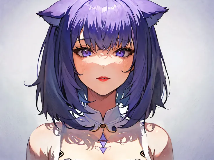 1girl, solo, bob cut, short hair, cat ears, portrait, closed mouth, looking at viewer, watercolor \(medium\), lips, hatching \(texture\), red lips, shiny skin, perfect breasts, cleavage, plunging neckline, style retro classic, illustrated anime, 