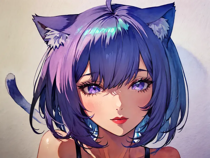 1girl, solo, bob cut, short hair, cat ears, portrait, closed mouth, looking at viewer, watercolor \(medium\), lips, hatching \(texture\), red lips, shiny skin, perfect breasts, cleavage, plunging neckline, style retro classic, illustrated anime, 