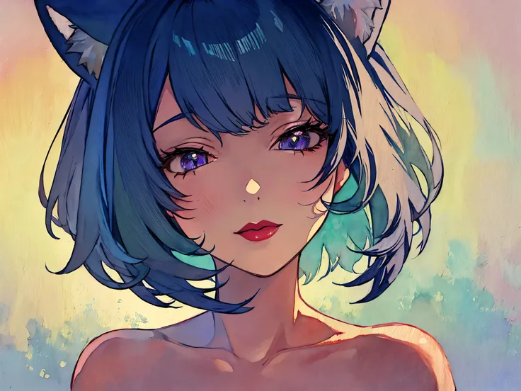 1girl, solo, bob cut, short hair, cat ears, portrait, closed mouth, looking at viewer, watercolor \(medium\), lips, hatching \(texture\), red lips, shiny skin, perfect breasts, cleavage, plunging neckline, style retro classic, illustrated anime, 