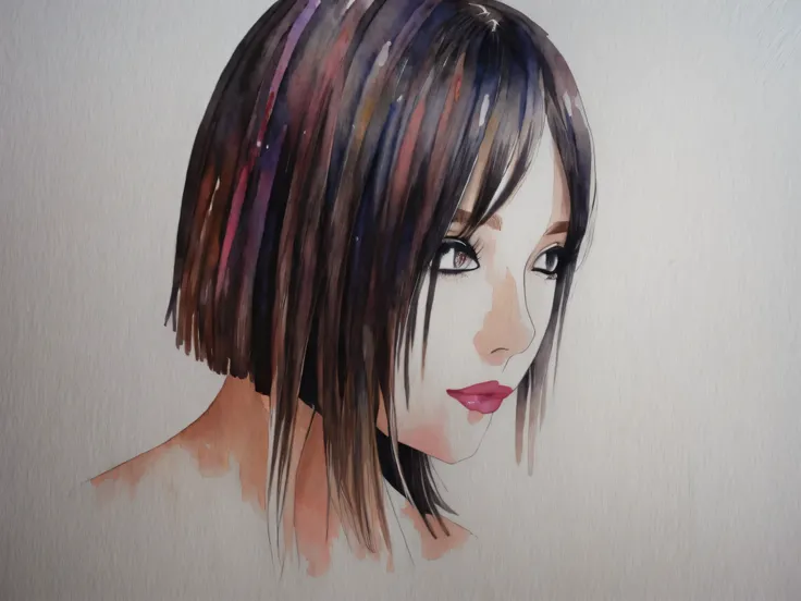 1girl, solo, bob cut, short hair, portrait, closed mouth, looking at viewer, watercolor \(medium\), lips, hatching \(texture\), red lips, shiny skin, perfect breasts, cleavage, plunging neckline, style retro classic, illustrated anime, 