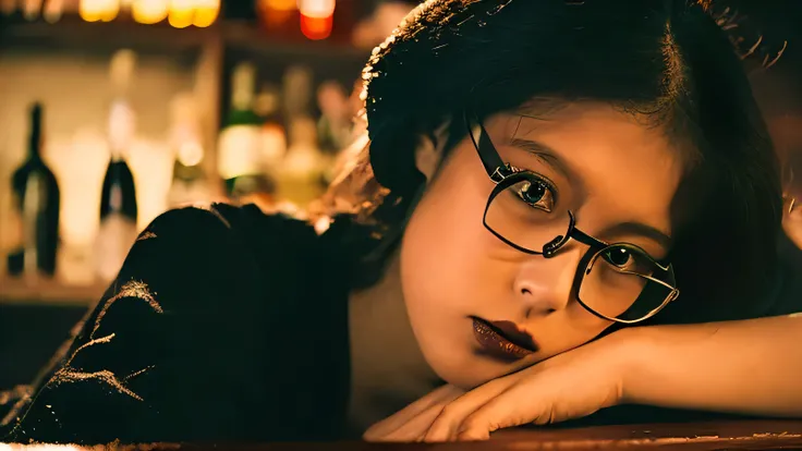 (beautiful japanese woman sitting in a lit bar, smoking a cigarette.) The background is dark, with vintage whiskey bottles, a glass of liquor, and scattered cigarette butts on the wooden table. The atmosphere is hazy, evoking a sense of nostalgia, loneline...