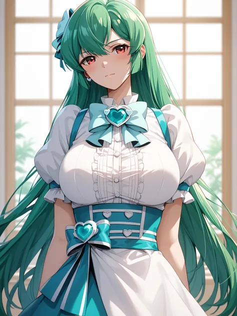 master piece、Best Quality,Super detailed,High resolution,Extremely detailed CG,Unity 8K Wallpaper,weat,score_9, score_8_up, score_7_up, score_6_up, score_5_up, score_4_up, source_anime, MinakamiSayo, 1girl, solo, breasts, Green Hair、Red eyes,mature female,...