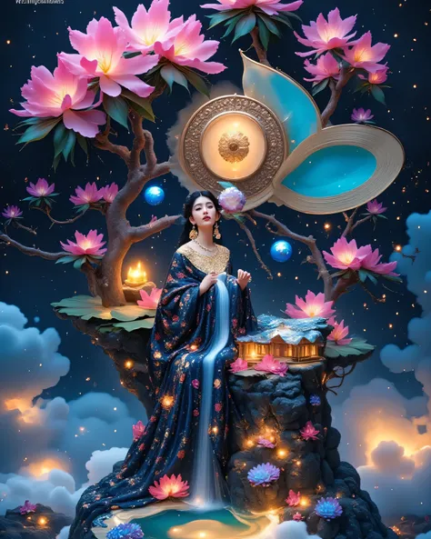 A surreal cosmic scene featuring a majestic celestial deity with a serene expression, adorned in ornate garments, floating above a grand, temple-like structure with intricate architecture. The deity's arms extend gracefully, entwined with swirling cosmic e...