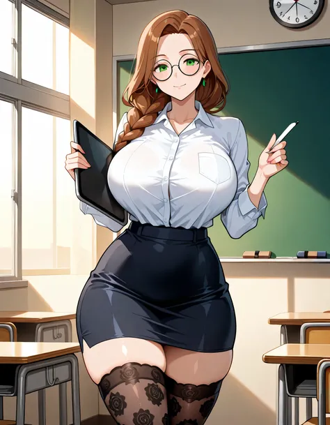adult, female, MILF, brown hair, long hair, braid ponutail, green eyes, tall height, curvy thighs, curvy hips, thin waists, big breasts, curvy ass, slim body, detailed eyes, detailed face, detailed body, adult, detailed classroom, detailed eyes, make up, e...