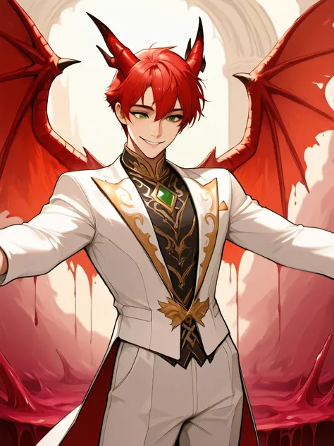 masterpiece, 1 male, Age 30, fantasy around the eyes, looking at the front, arms are outstretched, Thin waist, Glutinous Flesh, cowboy shot, The two red dragon horns, red hair , Light skin, very short hair, Rin々like, green eyes, white and gold tuxedo, Lit...