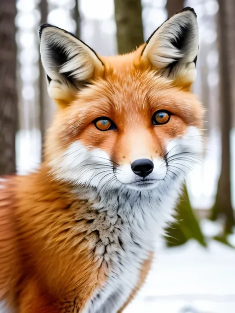 playful young fox, bright eyes, soft fluffy fur, vivid orange coat, ears perked up, curious gaze, lively expression, snowy forest, gentle snowflakes fall, bare trees, orange leaves, early morning light, cool bluish tones, magical winter atmosphere, close-u...