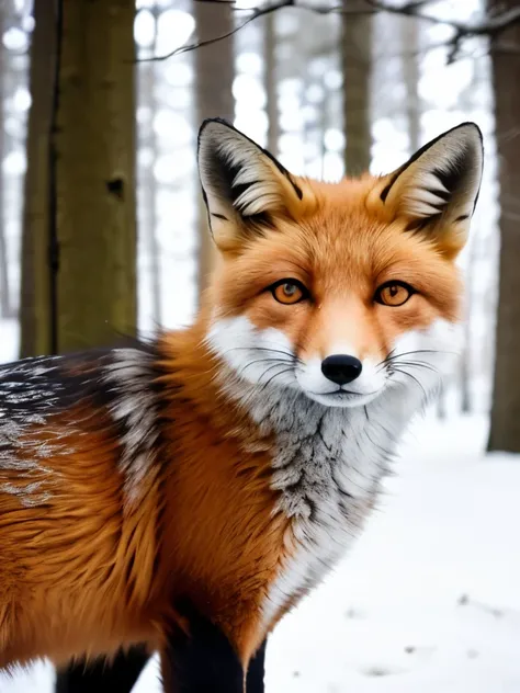 playful young fox, bright eyes, soft fluffy fur, vivid orange coat, ears perked up, curious gaze, lively expression, snowy forest, gentle snowflakes fall, bare trees, orange leaves, early morning light, cool bluish tones, magical winter atmosphere, close-u...