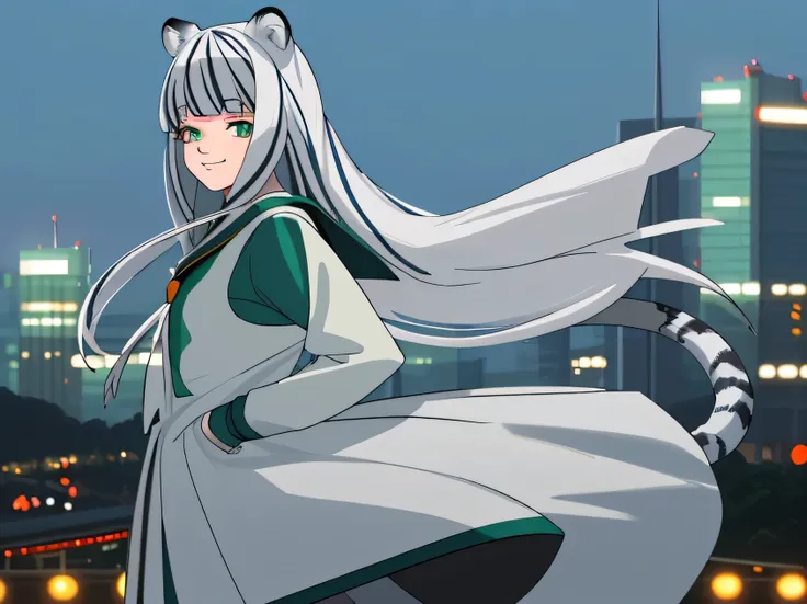 Alta Feon, dressed in a sailor uniform, high resolution, long hair, looks at the viewer,  Smile, white hair, green eyes, white Tiger Ears, white Tiger Tail, Bright pupils, night city, anime, Anime style, Masterpiece, HD model, High quality, Very detailed, ...