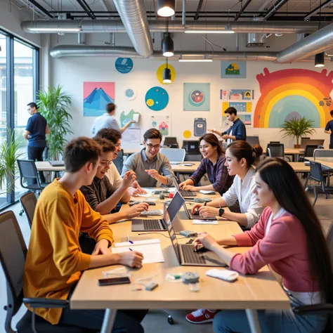 A diverse group of people from different ethnic backgrounds, genders, and abilities collaborating in a modern workspace, vibrant and inclusive atmosphere