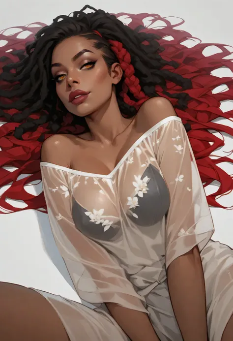 ((Black Loose Fit Outfit. Floral See-through Clothes)). Seductive milf. Dreadlocks with Red highlights. Intricate Clothes. Dark skin. Amber eyes. Flawless appearance. dnd character.  dnd. ((Laying down with head hanging off edge)), busty, Seductive big lip...