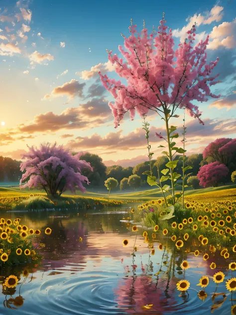 A serene spring landscape with a crystal-clear lake reflecting the blue sky and soft clouds, a gentle breeze causing delicate ripples across the water. Surrounding the lake are wildflowers in vibrant hues of pink, lavender, sunflower yellow, and soft coral...