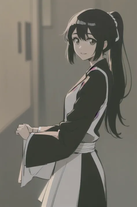 masterpiece, Highest quality ,
one girl from the side , romantic love , black hair, single , ponytail, Vancouver, brown eyes,
Hair bangs,
kimono, white sleeveless coat , black kimono ,
smile, alone, I'm looking for , simple background, ...