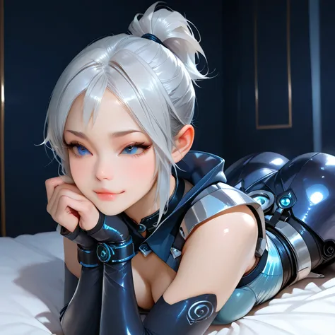 ultra detailed realistic busty jett half body, silver hair, blue eyes, jett suit, background, ray tracing, short ponytail hair, sitting on the bed, cute face, cute pose sexy