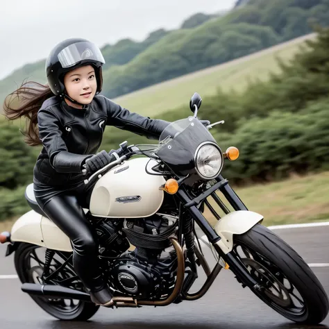 (A young female rider speeds along on a motorcycle)、Vintage Bikes、Bluff Superior SS100、Isle of Man Races、Leather jumper、Cromwell helmet with goggles、After the Rain、English countryside、(Highest quality, masterpiece, High resolution)、8k、wallpaper,masterpiece...