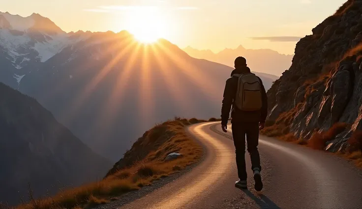 A highly detailed, photo-realistic image of a determined individual walking along a rugged mountain road at sunrise. The subject is in sharp focus, with a vivid, meticulously rendered background of majestic mountains and a clear sky. Cinematic lighting acc...