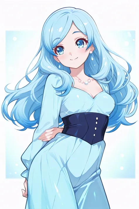 A pastel-colored anime-style illustration of a young adult girl with blue hair and bright, light eyes. She is depicted from the waist up or in a full-body pose, wearing a soft, elegant outfit in pastel tones. Her expression is gentle and serene, with a dre...