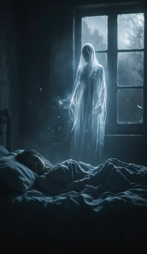 ghost standing in home, sleeping woman, ghost watching sleeping woman,8K, photorealistic, masterpiece, highly detailed, dramatic lighting, moody atmosphere, dimly lit interior, eerie ambiance, haunting presence, ethereal energy, spectral figure, wispy appa...
