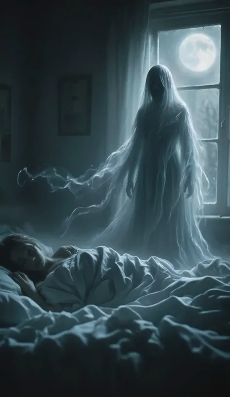ghost standing in home, sleeping woman, ghost watching sleeping woman,8K, photorealistic, masterpiece, highly detailed, dramatic lighting, moody atmosphere, dimly lit interior, eerie ambiance, haunting presence, ethereal energy, spectral figure, wispy appa...