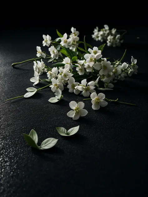 crushed white jasmine, lying on the dark floor, Dark background , authentic, details, 4k, studio lighting, hdr, vivid colors, masterpiece, dark background, virtual dim light, tranquility, deep tones