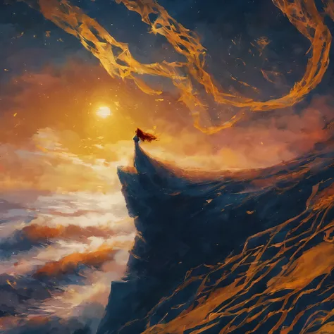 soft, cinematic, beautiful, depressive, sad, bittersweet, ethereal, lonely, e.g,  ocean waves ,  Gold chains , yellow vibes, bright dying sun,  warm light,  dark blue sky , cream clouds, девушка стоит на краю e.gа