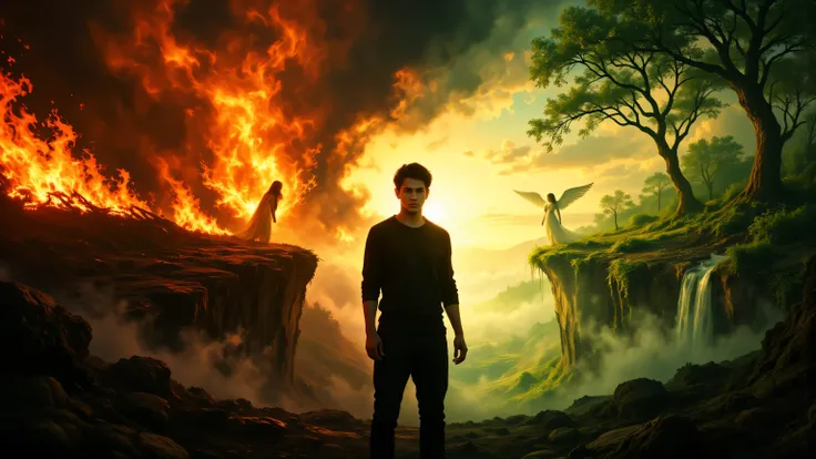 High quality, realistic photo. 4k image. A young man is standing between hell and paradise