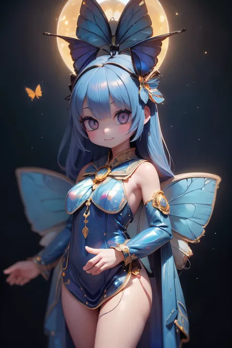solo,1 Female\(cute, cute,small ,Skin color is white,(eyes that shine like jewels shining in cobalt blue:2.5),(Highlights that sparkle in the eyes, reflected light:2.5),(The cobalt blue semi-long:1.2),(smiling:1.2),(has large morpho butterfly wings growing...