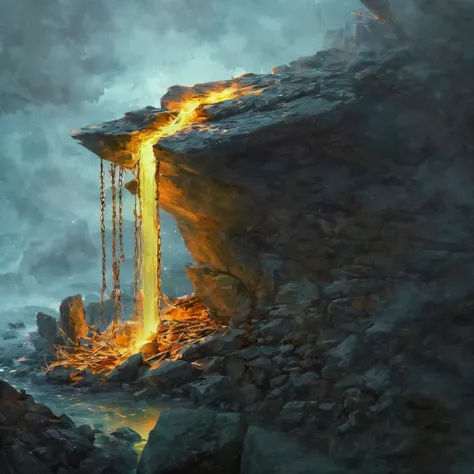 cinematic, beautiful, depressive, sad, bittersweet, ethereal, lonely, e.g, lava waterfall,  Gold chains , grey-blue sky, white fog , dark and cold, sharp rocks and rocks, small dry tree