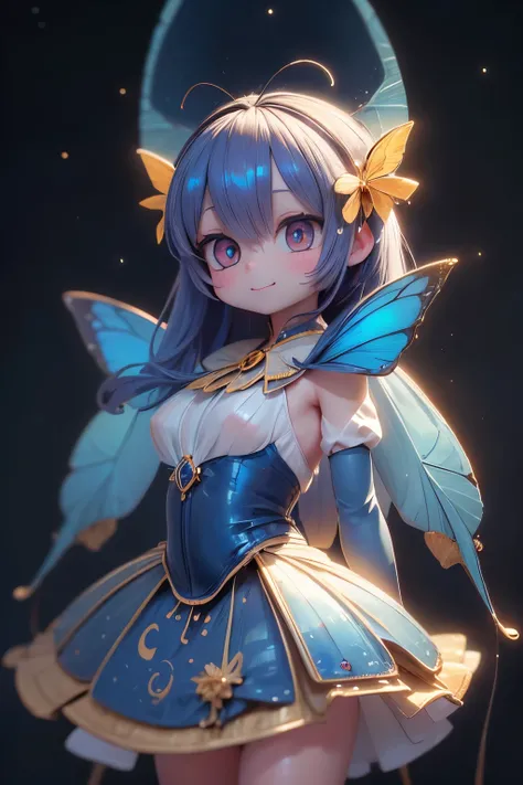 solo,1 Female\(cute, cute,small ,Skin color is white,(Poses like a ballerina:1.5),(eyes that shine like jewels shining in cobalt blue:2.5),(Highlights that sparkle in the eyes, reflected light:2.5),(The cobalt blue semi-long:1.2),(smiling:1.2),(has large m...