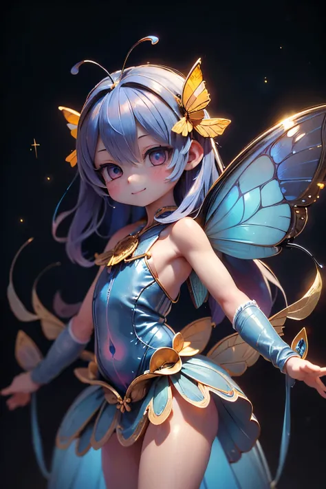solo,1 Female\(cute, cute,small ,Skin color is white,(Poses like a ballerina:1.5),(eyes that shine like jewels shining in cobalt blue:2.5),(Highlights that sparkle in the eyes, reflected light:2.5),(The cobalt blue semi-long:1.2),(smiling:1.2),(has large m...