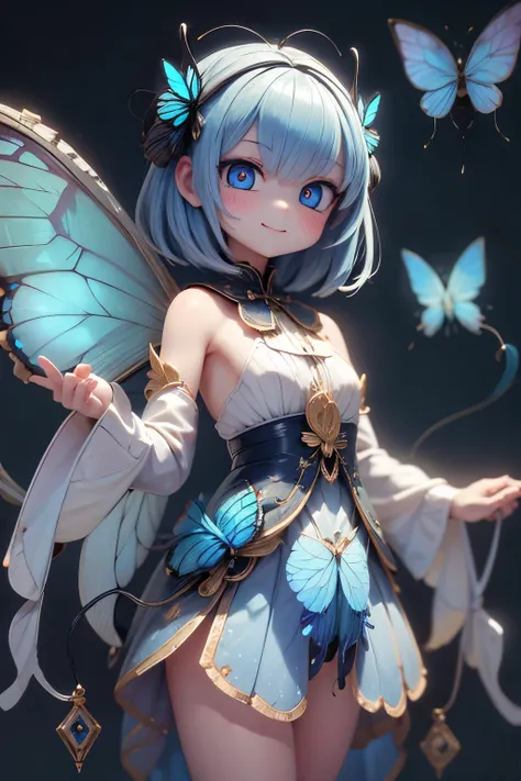 solo, female 1 person\(cute, cute,small ,Skin color is white,Light Blue Shortcut Hair,(smiling at the flag:1.2),(Big Morpho Butterfly Feather Hair:1.7),hologram colored dress\( beautiful race \),(Hologram Blue Eyes:1.5),(Two butterfly antennae on the hai...