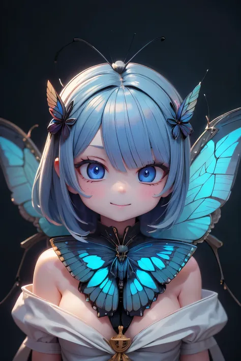 solo, female 1 person\(cute, cute,small ,Skin color is white,Light Blue Shortcut Hair,(smiling at the flag:1.2),(Big Morpho Butterfly Feather Hair:1.7),hologram colored dress\( beautiful race \),(Hologram Blue Eyes:1.5),(Two butterfly antennae on the hai...