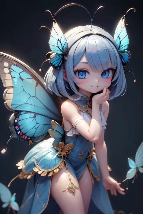 solo, female 1 person\(cute, cute,small ,Skin color is white,Light Blue Shortcut Hair,(smiling at the flag:1.2),(Big Morpho Butterfly Feather Hair:1.7),hologram colored dress\( beautiful race \),(Hologram Blue Eyes:1.5),(Two butterfly antennae on the hai...