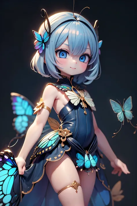 solo, female 1 person\(cute, cute,small ,Skin color is white,Light Blue Shortcut Hair,(smiling at the flag:1.2),(Big Morpho Butterfly Feather Hair:1.7),hologram colored dress\( beautiful race \),(Hologram Blue Eyes:1.5),(Two butterfly antennae on the hai...