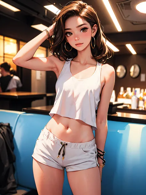 ( Masterpiece), top quality, expressive eyes, perfect face, nightclub background ), ( standing), ( smirking ), ( Closeup View ), ( 1 girl, Blair Ivory, , brown hair, wave hairstyles, brown eyes, ほっそりとしたbody型, thin body, skinny body, small_body, medium , th...