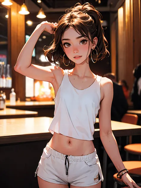( Masterpiece), top quality, expressive eyes, perfect face, nightclub background ), ( standing), ( smirking ), ( Closeup View ), ( 1 girl, Blair Ivory, , brown hair, wave hairstyles, brown eyes, ほっそりとしたbody型, thin body, skinny body, small_body, medium , th...