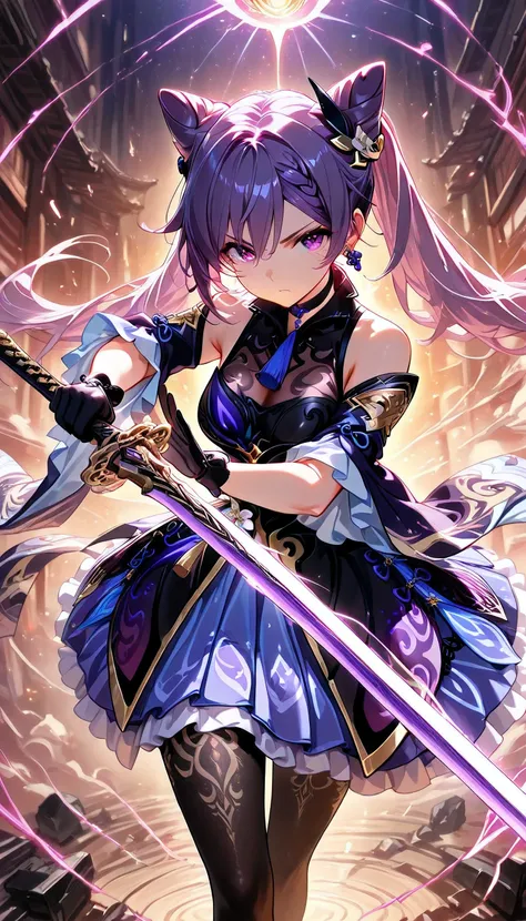 source_manga,masterpiece,best quality,hyper detailed,super fine illustration,8k,front angle,BREAK 1woman,solo,24yo,kqngdf, purple eyes, purple hair, long hair, twintails, double bun, cone hair bun, braid, hair between eyes, hair ornament, medium breasts, b...