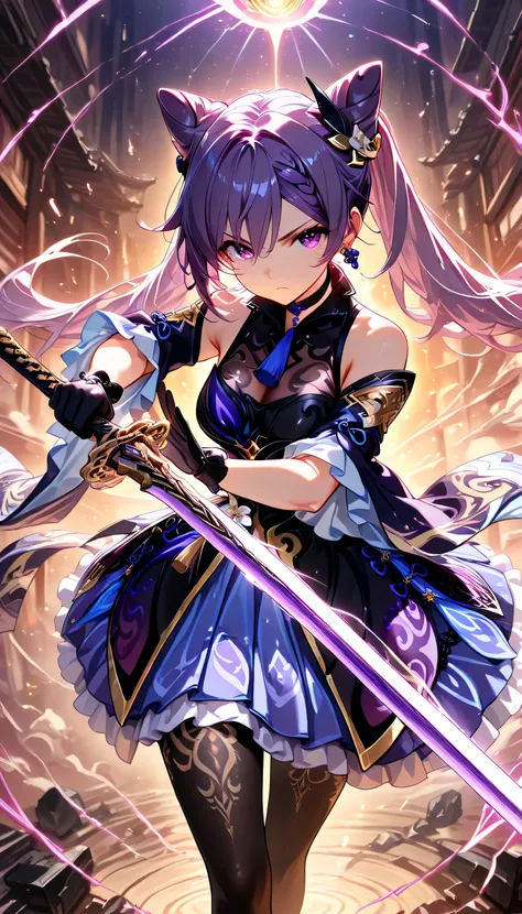 source_manga,masterpiece,best quality,hyper detailed,super fine illustration,8k,front angle,BREAK 1woman,solo,24yo,kqngdf, purple eyes, purple hair, long hair, twintails, double bun, cone hair bun, braid, hair between eyes, hair ornament, medium breasts, b...