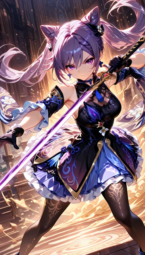 source_manga,masterpiece,best quality,hyper detailed,super fine illustration,8k,front angle,BREAK 1woman,solo,24yo,kqngdf, purple eyes, purple hair, long hair, twintails, double bun, cone hair bun, braid, hair between eyes, hair ornament, medium breasts, b...