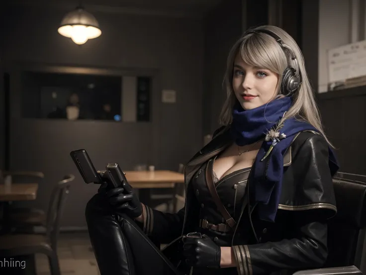 masterpiece, best quality, 1girl, solo, Bkornblume, headphones, solo, blue scarf, latex coat, pussy, observing, interrogation, black dress, black gloves, grey hair, holster gun, black coat dress, long sleeves, gloves, blushing, cafe, smile, full body, info...