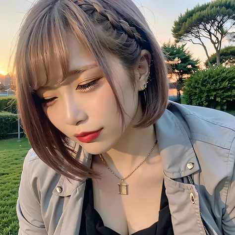 A breathtakingly beautiful 20-year-old woman stands in a lush green park at sunset, bathed in the warm golden light of the evening sun. Facing forward, her eyes gently closed, cheeks slightly flushed, and her face tilted upward as if anticipating a kiss, s...