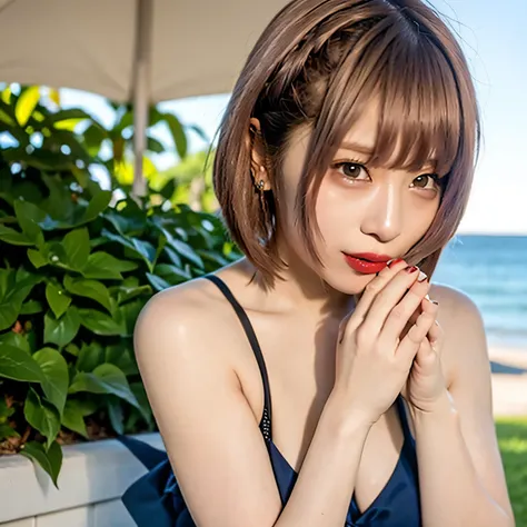 A breathtakingly beautiful young woman is depicted from the waist up, wearing a blue bikini swimsuit. She holds a thick sausage on a skewer with both hands, taking a delicate bite. Her shy blush adds a touch of innocence and subtle vulnerability, capturing...