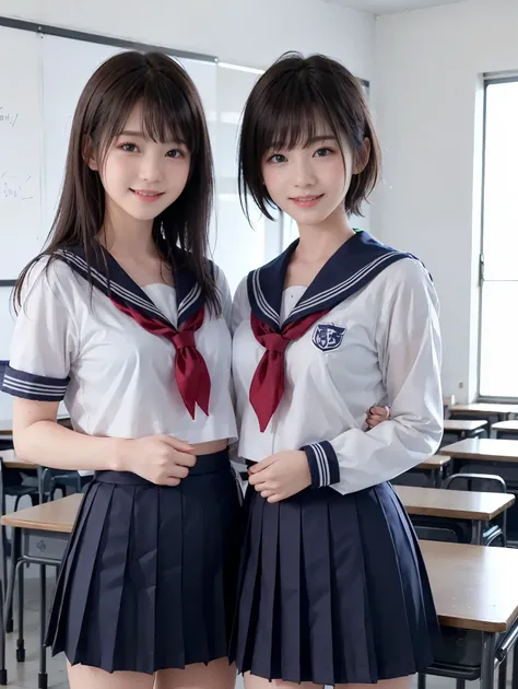 ((Two girls standing side by side)), ((sailor suit, mini skirt)), (two girls), (((The girl on the right has flat chest:1.4))), ((The girl on the left has large breasts)), (The girl on the left has short hair, The girl on the right has long hair, The girl o...