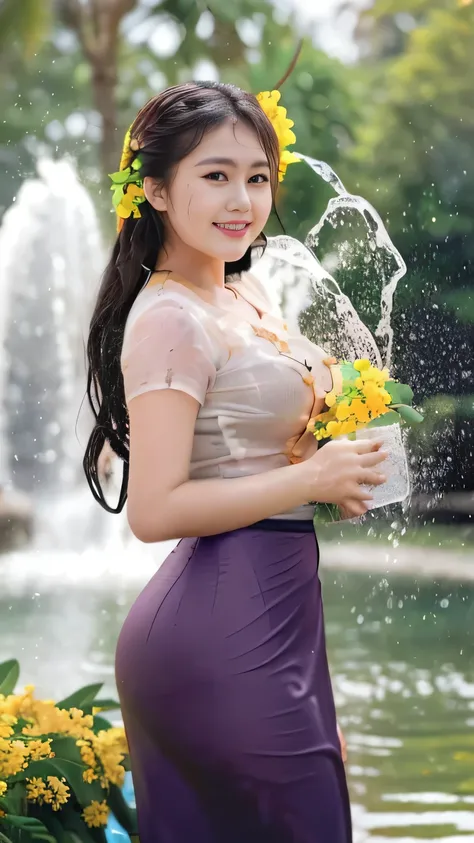 Burmese girl with attractive curvy full body.  Friends full-length bikini, (blue 💙 dress) Burma's long-lasting body is full of sensuality, and the beauty of the body She has the prettiest smile on her face, highlighting her wet beauty and splashing water o...
