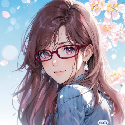 (One beautiful woman), level brush , Wavy Hair, dark brown with pink mesh long hairstyle, red glasses,capelet, lace trim with r, Render, Freshness , , elegant, Colpe , smile , Peaceful, colorful, (spring:0.7), (Flor:0.7),, 自然のwind景, princess , Genuine,...