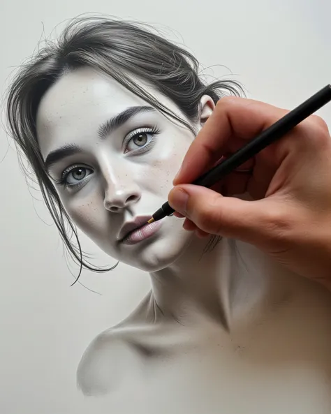 Up view of hands drawing a portrait , realistic pics , High Resolution, Masterpiece, Accurate, Anatomically Correct, Damaged,