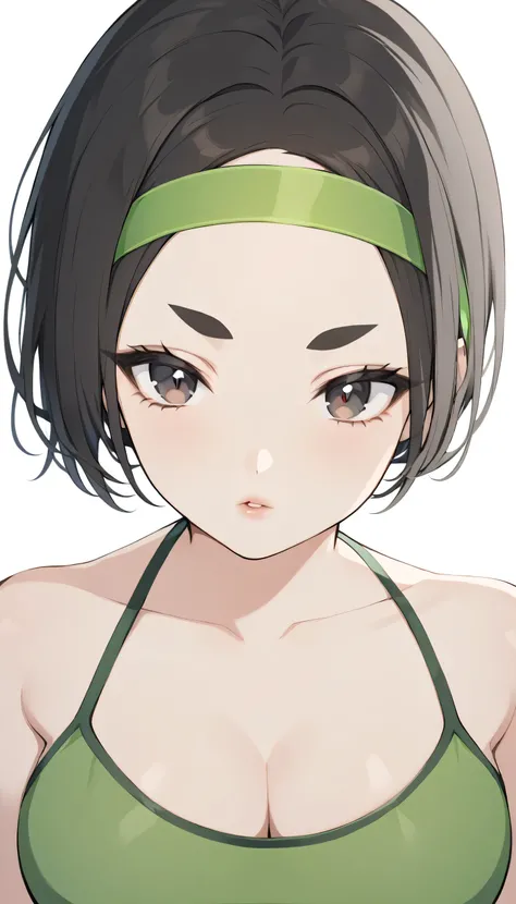 perfect face, black hair, short hair, (green headband, forehead), black thin eyebrows, dark brown eyes, black eyelashes, nose, normal lips, collarbone, cleavage, (green tube top), medium breasts, looking at viewer