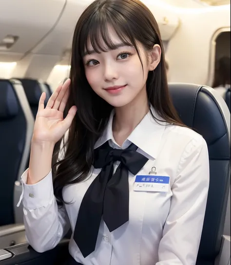 (masterpiece、high image quality、high quality wave line)、((cabin attendant in a dim passenger plane、International Flightsスチュワーデス))、Japaneseの女性、age 25、perfect body、(Japan CA uniform:1.2)、smile、sharp concentration、It's like a photograph、An accentuated loo...