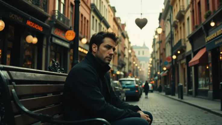 High quality, realistic photo. 4k image. A man sits on a bench, sad, on a beautiful city street, a heart is visible in the distance