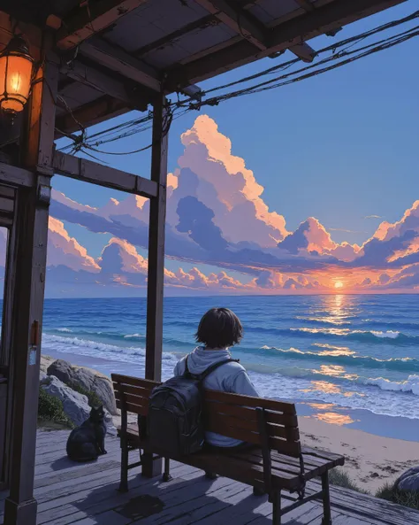 A melancholic anime-style scene of a lone traveler sitting on a wooden bench at an old seaside train station during sunset. The sky is a mesmerizing blend of deep blues, purples, and warm oranges, with scattered clouds reflecting the fading sunlight. The o...